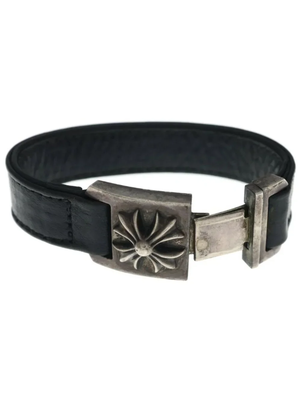 Chrome Hearts Harness Cross Box Leather Bracelet Silver Black